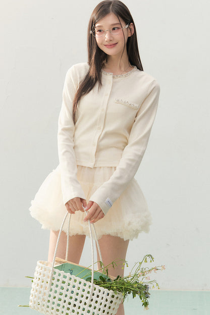 Lace Rhinestone Long Sleeve Cardigan and White Cake Skirt Set-Up