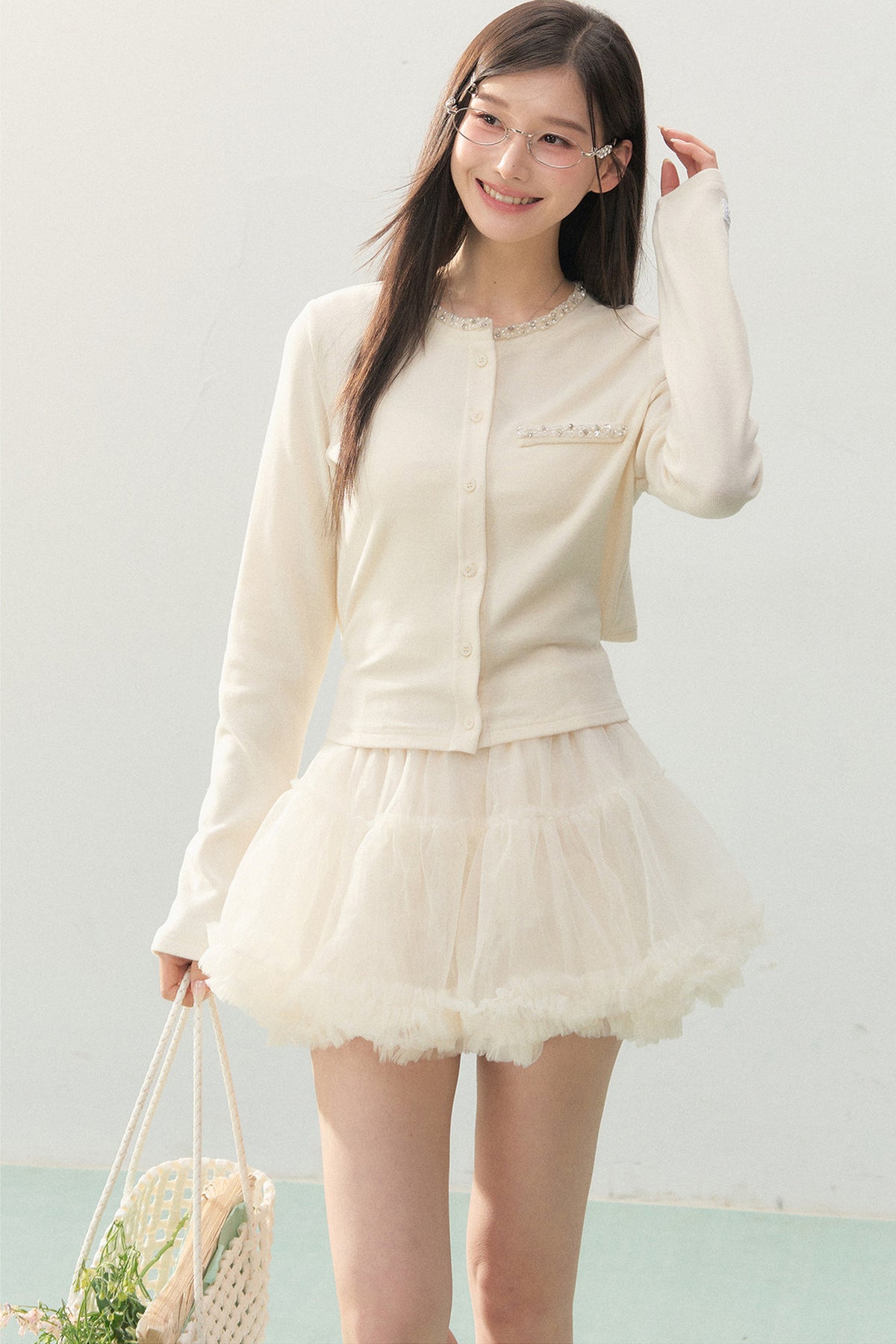 Lace Rhinestone Long Sleeve Cardigan and White Cake Skirt Set-Up