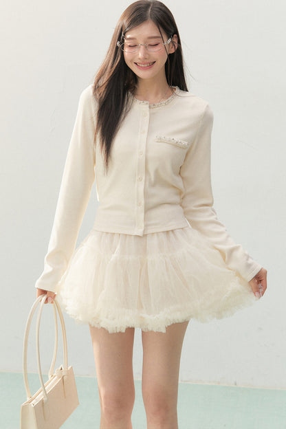 Lace Rhinestone Long Sleeve Cardigan and White Cake Skirt Set-Up