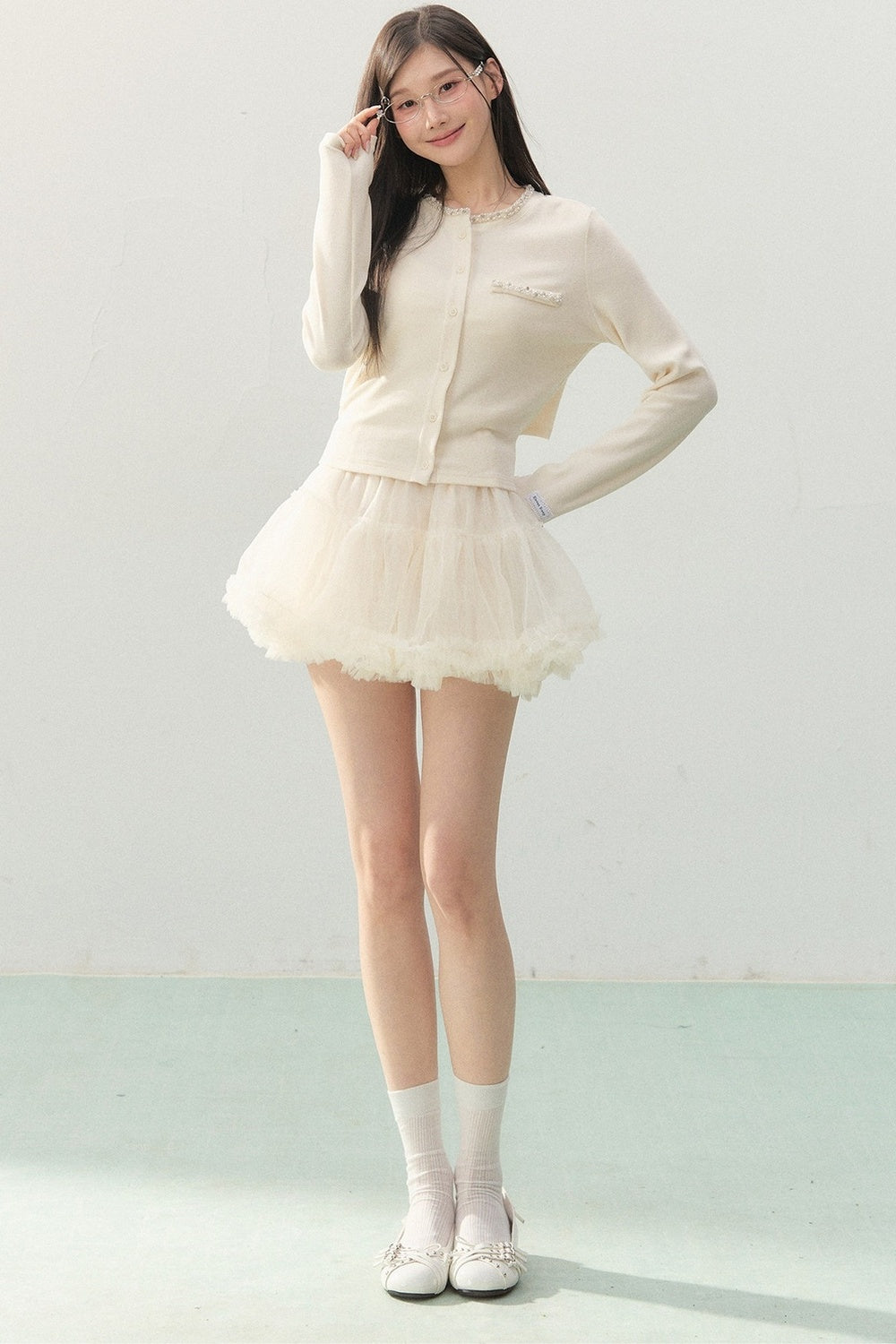 Lace Rhinestone Long Sleeve Cardigan and White Cake Skirt Set-Up