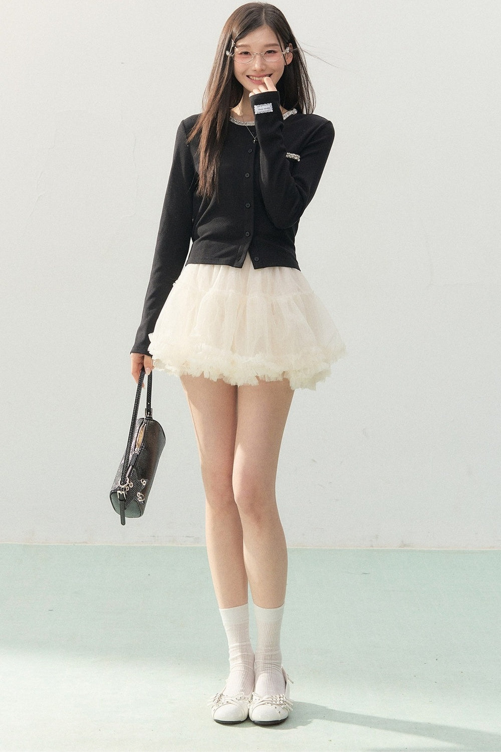 Lace Rhinestone Long Sleeve Cardigan and White Cake Skirt Set-Up