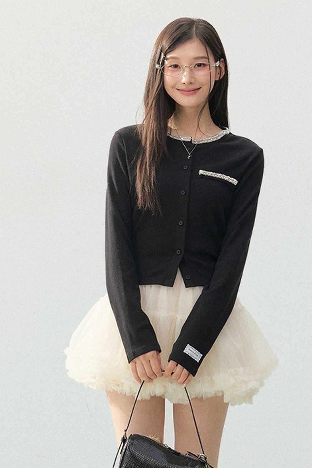 Lace Rhinestone Long Sleeve Cardigan and White Cake Skirt Set-Up