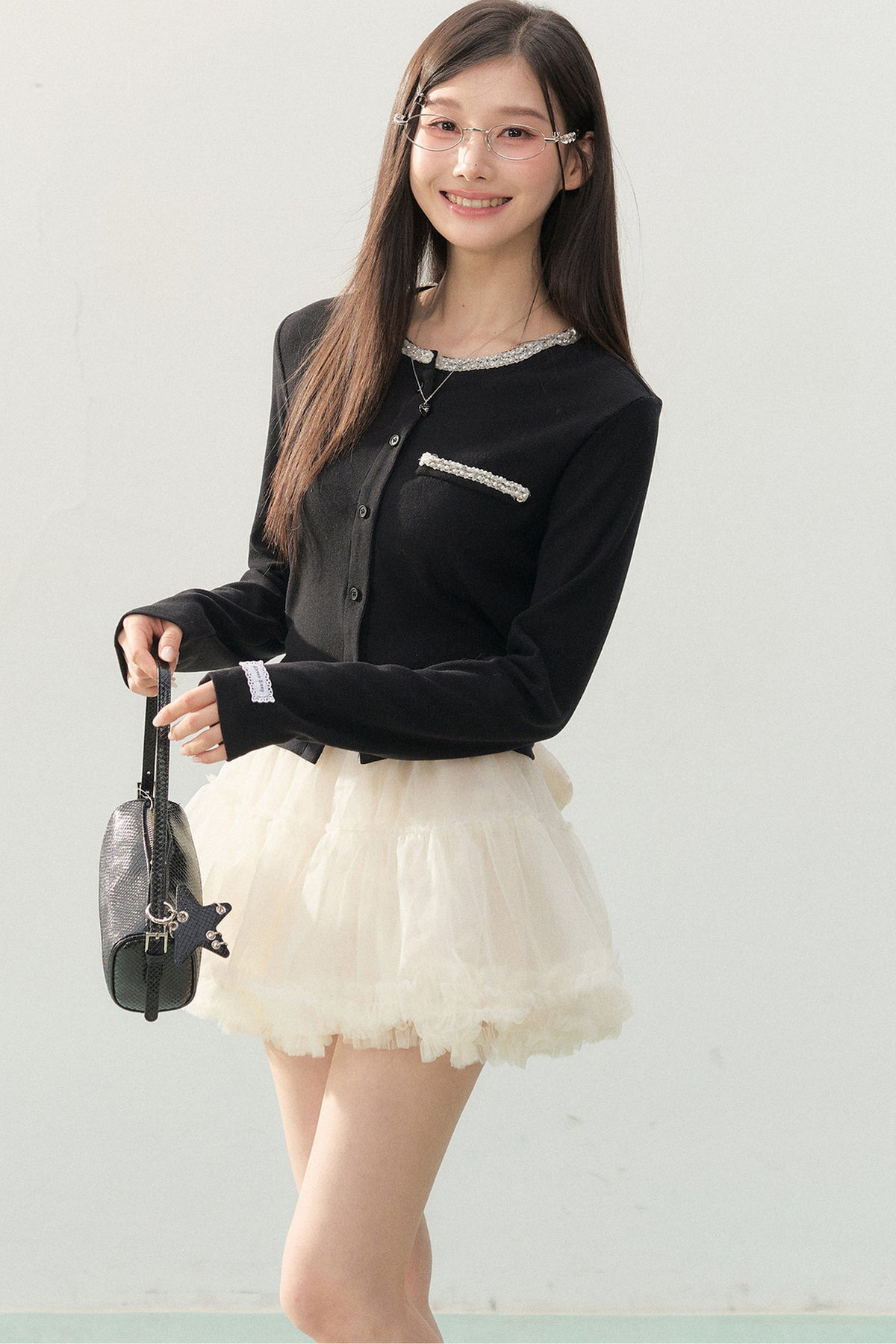 Lace Rhinestone Long Sleeve Cardigan and White Cake Skirt Set-Up