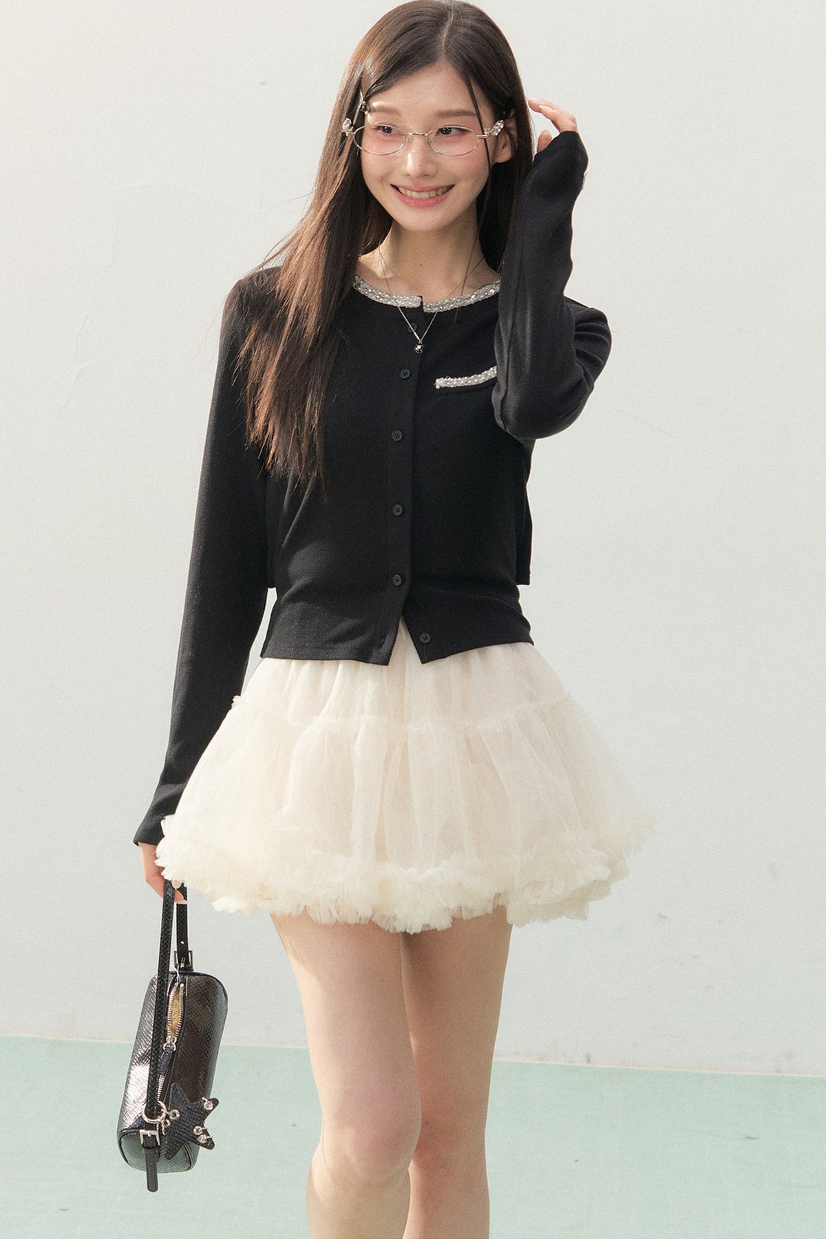 Lace Rhinestone Long Sleeve Cardigan and White Cake Skirt Set-Up