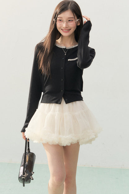 Lace Rhinestone Long Sleeve Cardigan and White Cake Skirt Set-Up