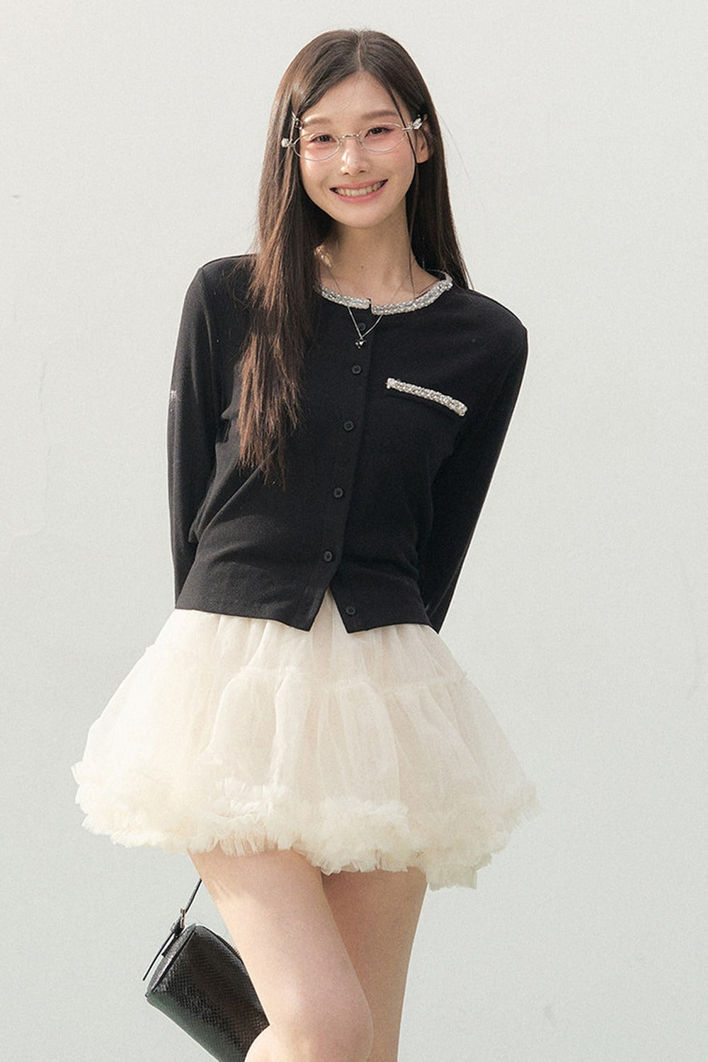Lace Rhinestone Long Sleeve Cardigan and White Cake Skirt Set-Up