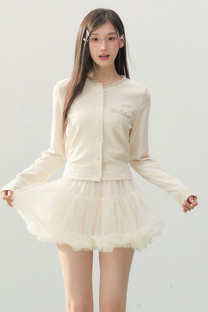 Lace Rhinestone Long Sleeve Cardigan and White Cake Skirt Set-Up