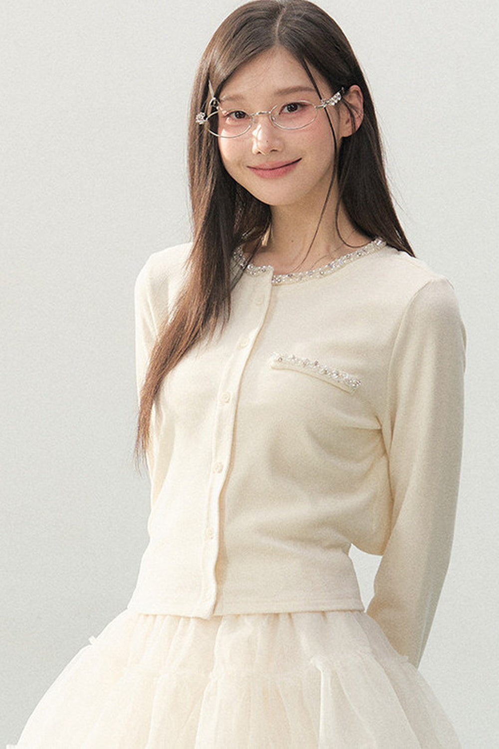 Lace Rhinestone Long Sleeve Cardigan and White Cake Skirt Set-Up