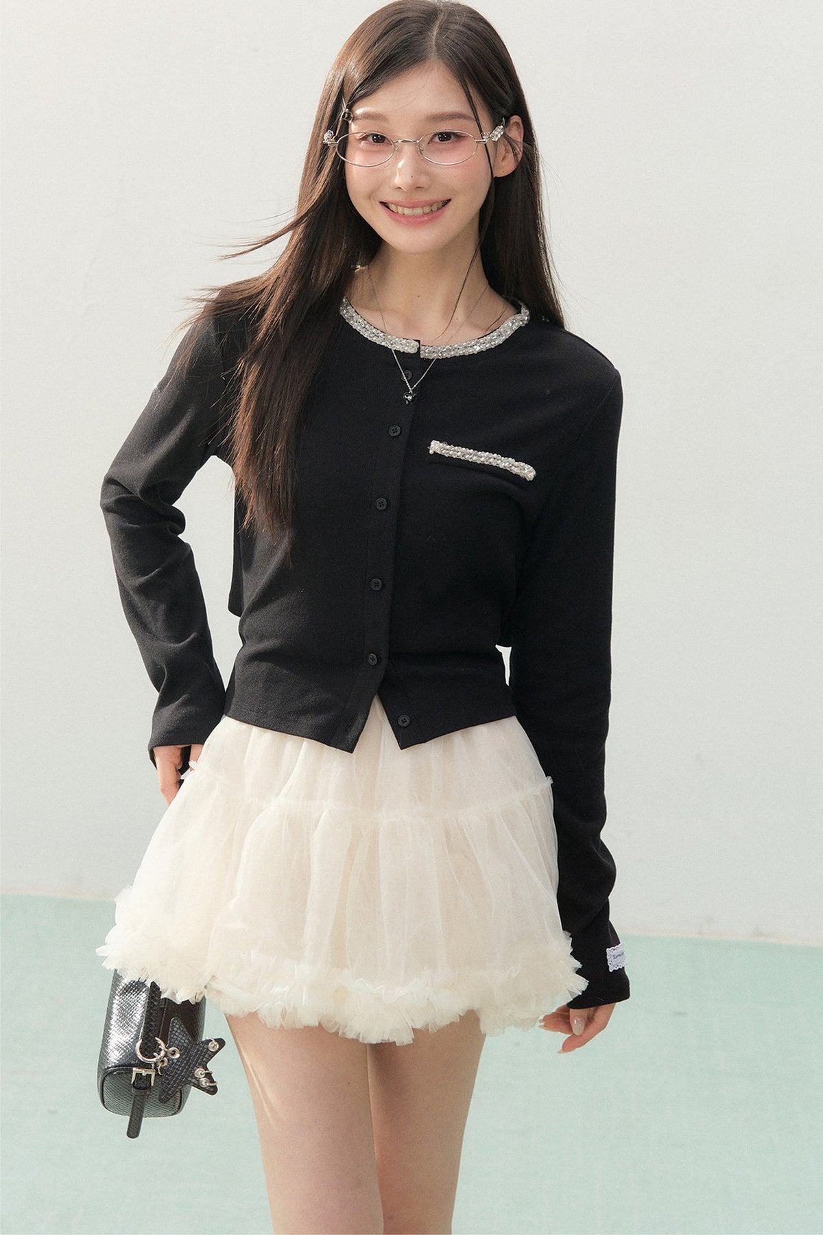 Lace Rhinestone Long Sleeve Cardigan and White Cake Skirt Set-Up