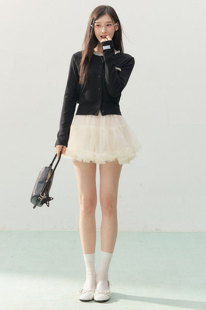 Lace Rhinestone Long Sleeve Cardigan and White Cake Skirt Set-Up