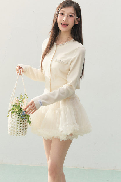 Lace Rhinestone Long Sleeve Cardigan and White Cake Skirt Set-Up
