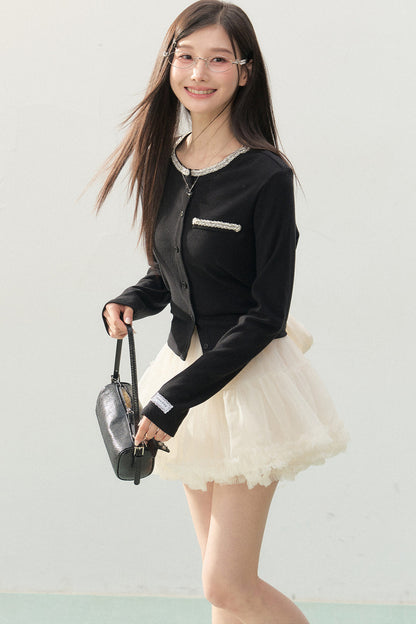 Lace Rhinestone Long Sleeve Cardigan and White Cake Skirt Set-Up
