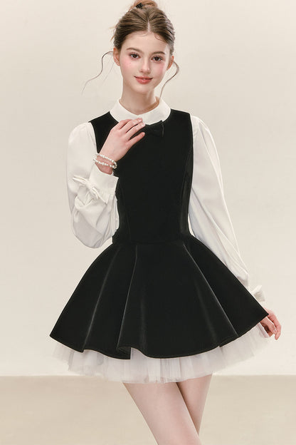 Conjunto de vestido de terciopelo negro con camisa