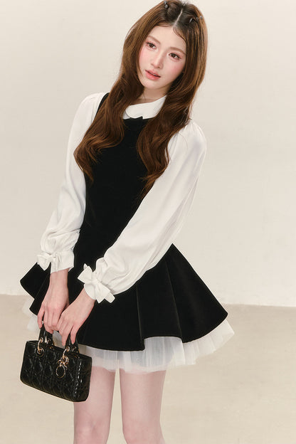 Conjunto de vestido de terciopelo negro con camisa