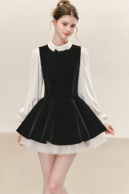 Conjunto de vestido de terciopelo negro con camisa