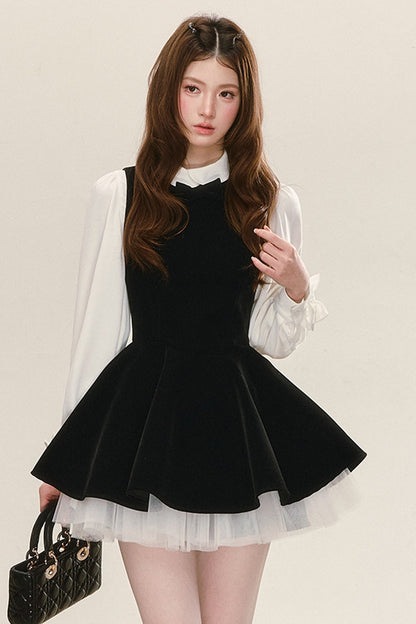 Conjunto de vestido de terciopelo negro con camisa