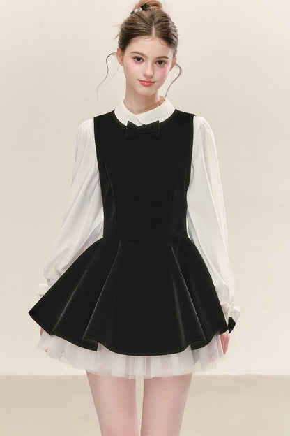 Conjunto de vestido de terciopelo negro con camisa