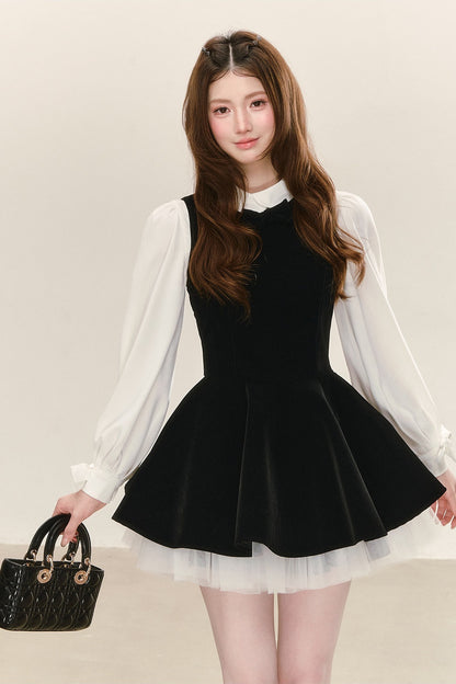 Conjunto de vestido de terciopelo negro con camisa