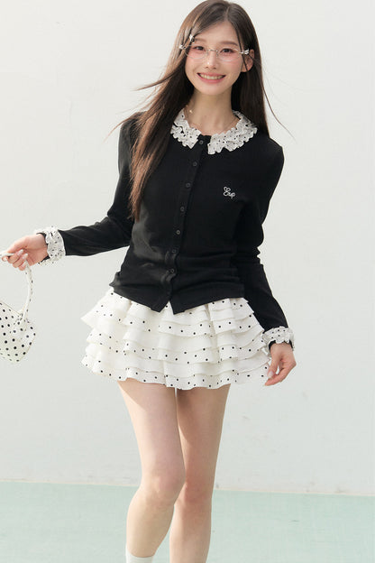Polka Dot Lace Long-Sleeve Knit Cardigan Set-Up