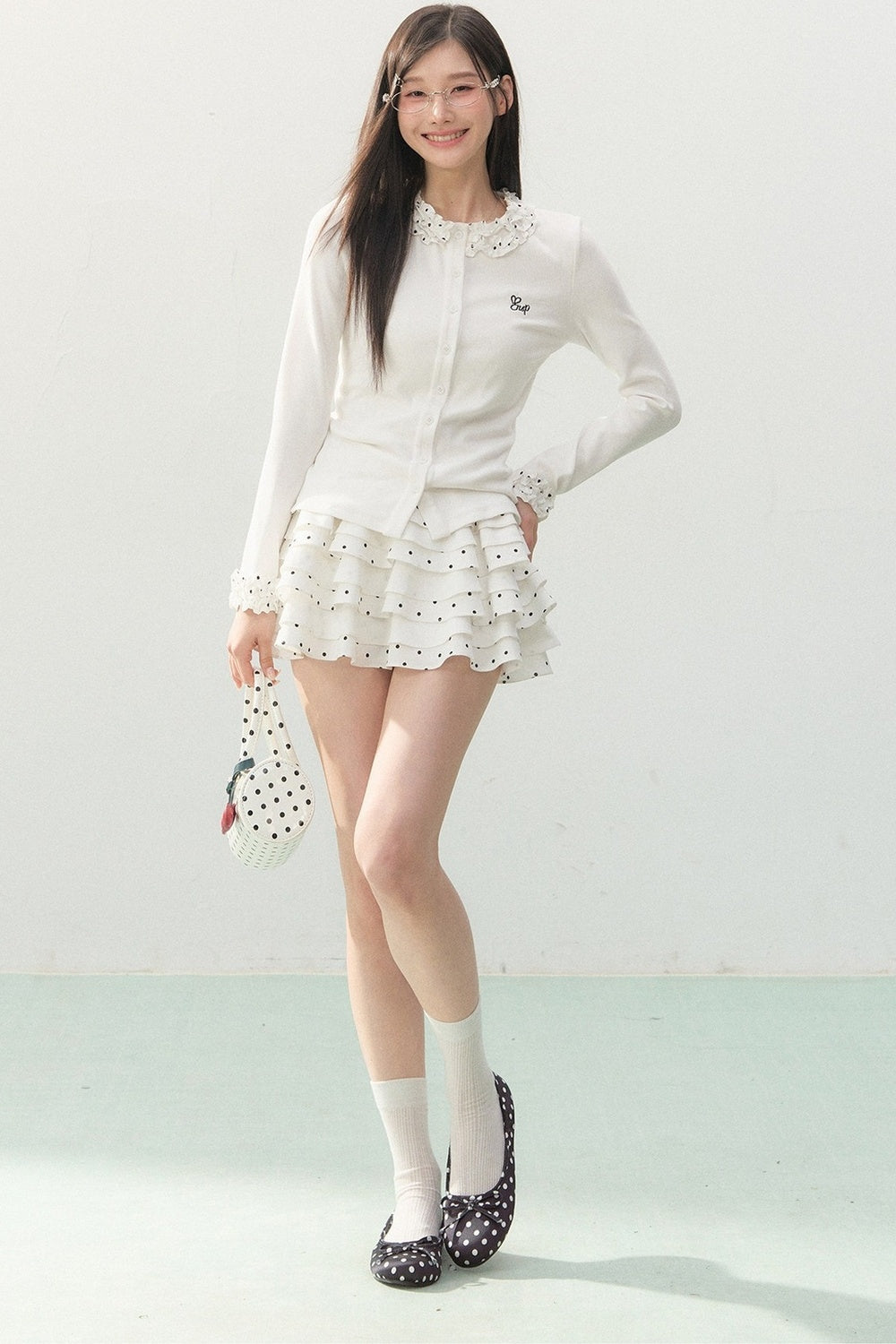 Polka Dot Lace Long-Sleeve Knit Cardigan Set-Up