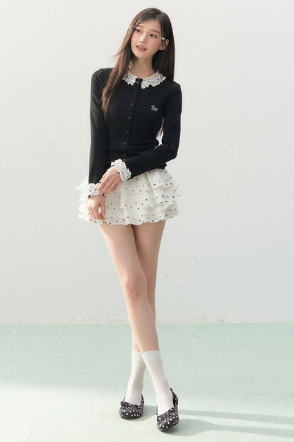 Polka Dot Lace Long-Sleeve Knit Cardigan Set-Up