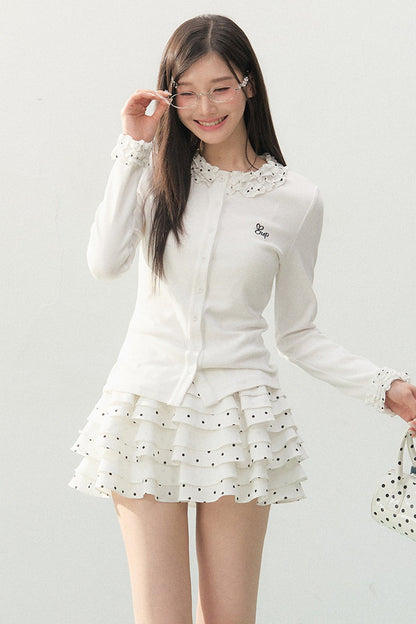 Polka Dot Lace Long-Sleeve Knit Cardigan Set-Up