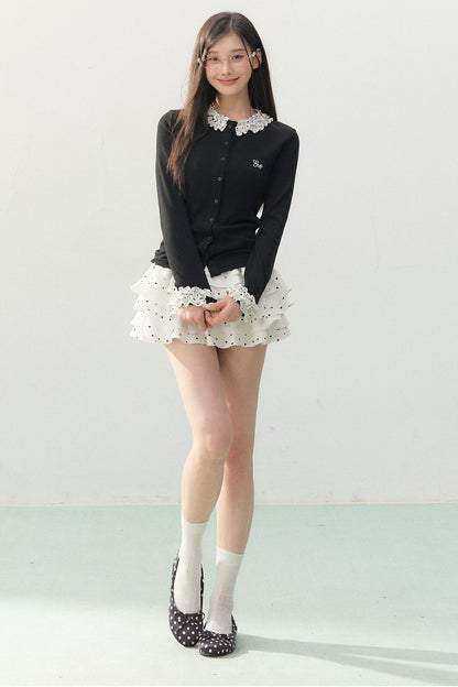 Polka Dot Lace Long-Sleeve Knit Cardigan Set-Up