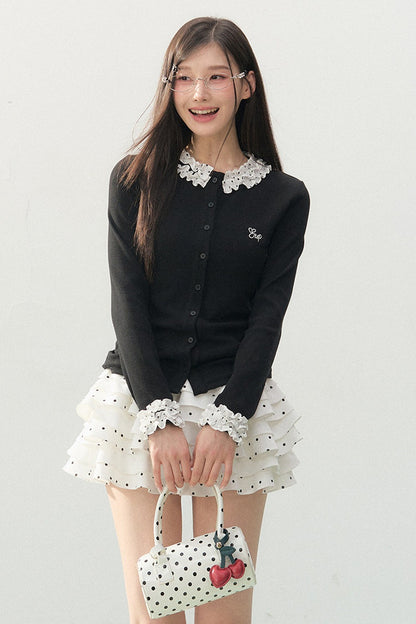 Polka Dot Lace Long-Sleeve Knit Cardigan Set-Up
