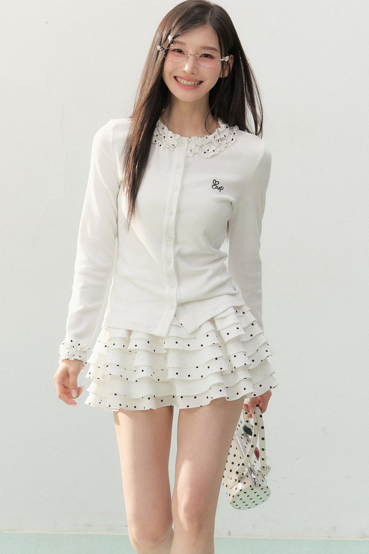 Polka Dot Lace Long-Sleeve Knit Cardigan Set-Up