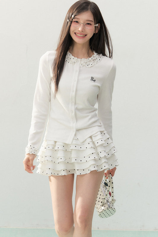 Polka Dot Lace Long-Sleeve Knit Cardigan Set-Up