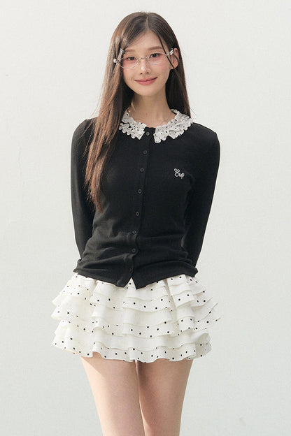 Polka Dot Lace Long-Sleeve Knit Cardigan Set-Up