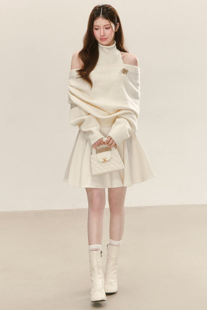 Cremefarbenes ärmelloses Rollkragenkleid mit schulterfreiem Pullover-Set
