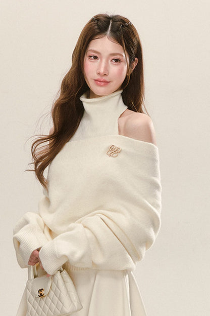 Cremefarbenes ärmelloses Rollkragenkleid mit schulterfreiem Pullover-Set