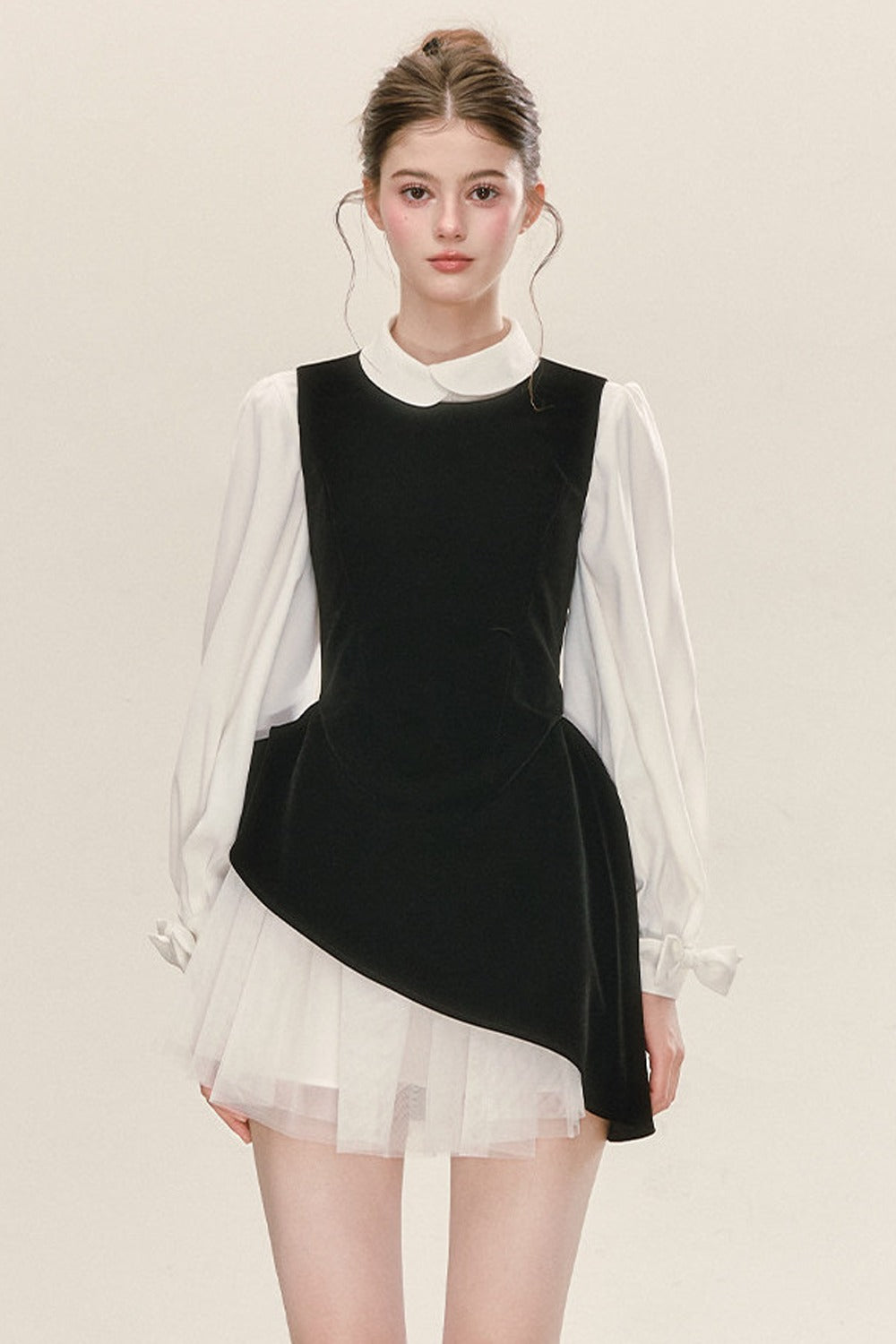 Black Velvet Mesh Overlay Dress and White Shirt Set