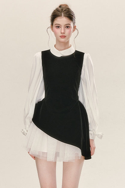 Black Velvet Mesh Overlay Dress and White Shirt Set