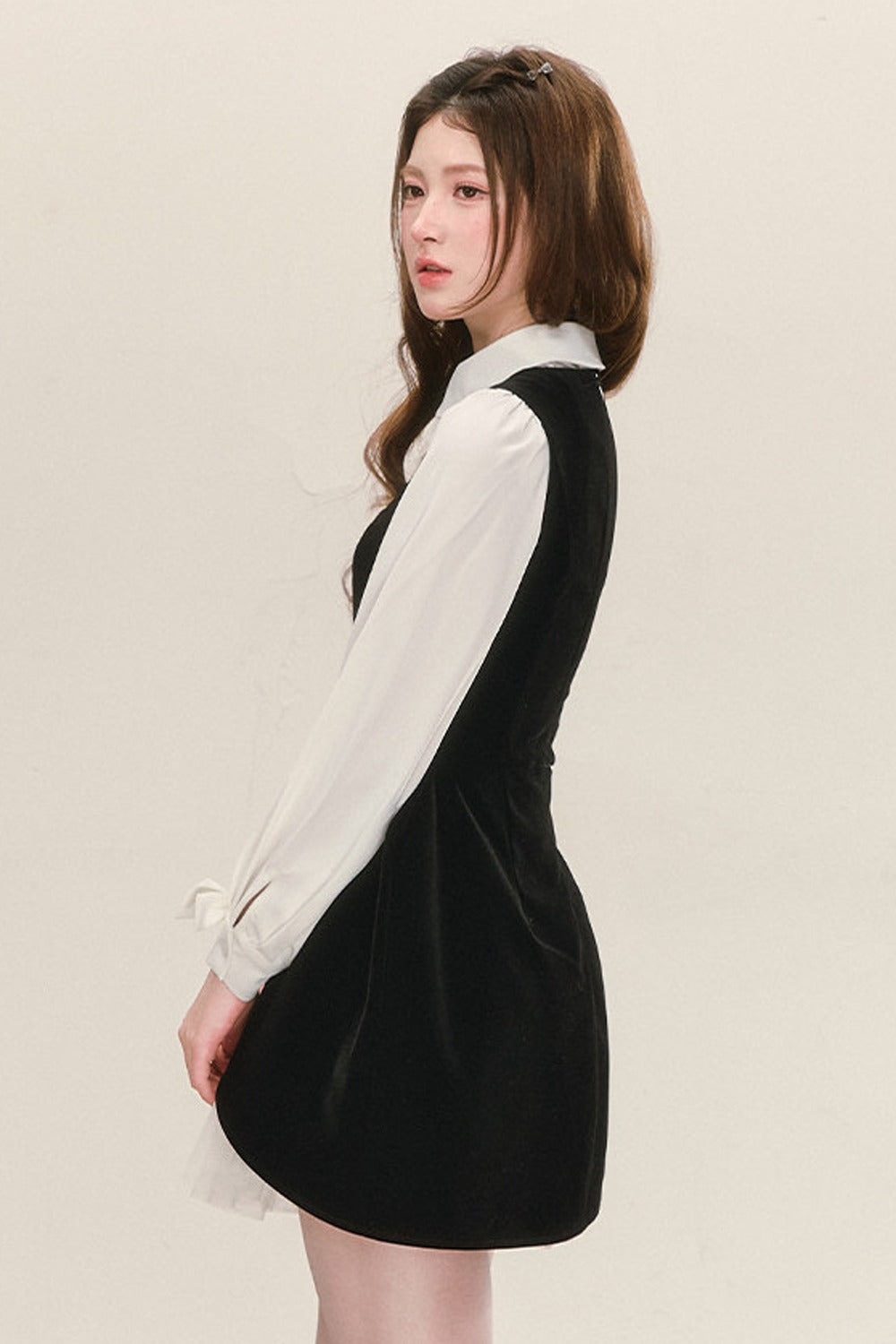 Black Velvet Mesh Overlay Dress and White Shirt Set