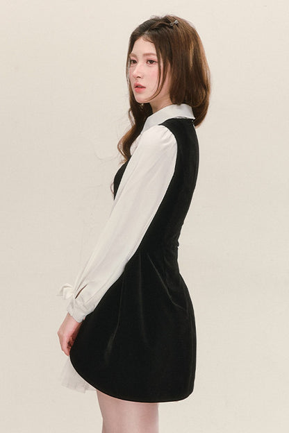 Black Velvet Mesh Overlay Dress and White Shirt Set