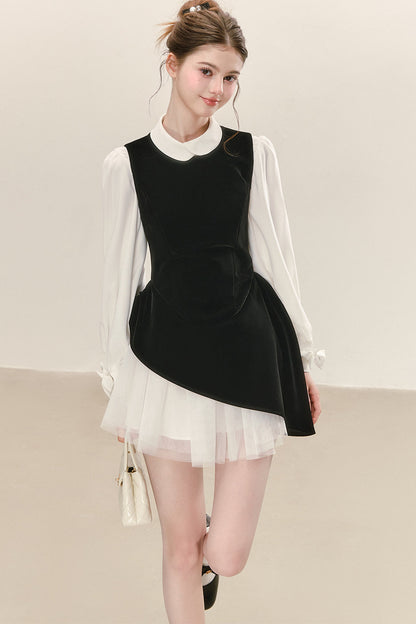 Black Velvet Mesh Overlay Dress and White Shirt Set