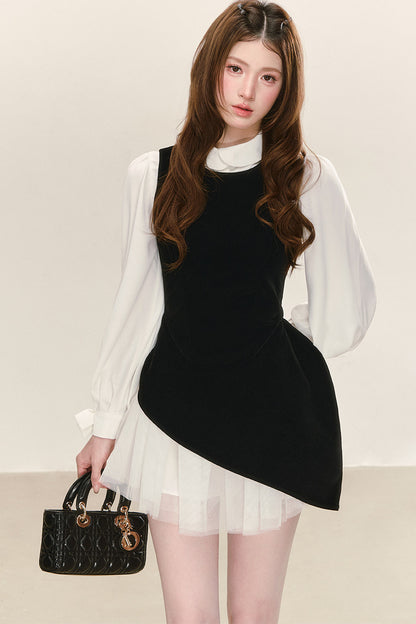Black Velvet Mesh Overlay Dress and White Shirt Set