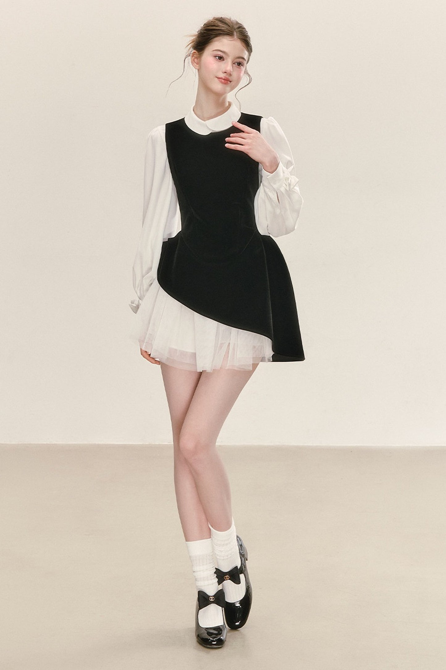 Black Velvet Mesh Overlay Dress and White Shirt Set