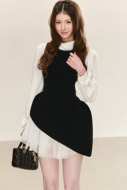 Black Velvet Mesh Overlay Dress and White Shirt Set