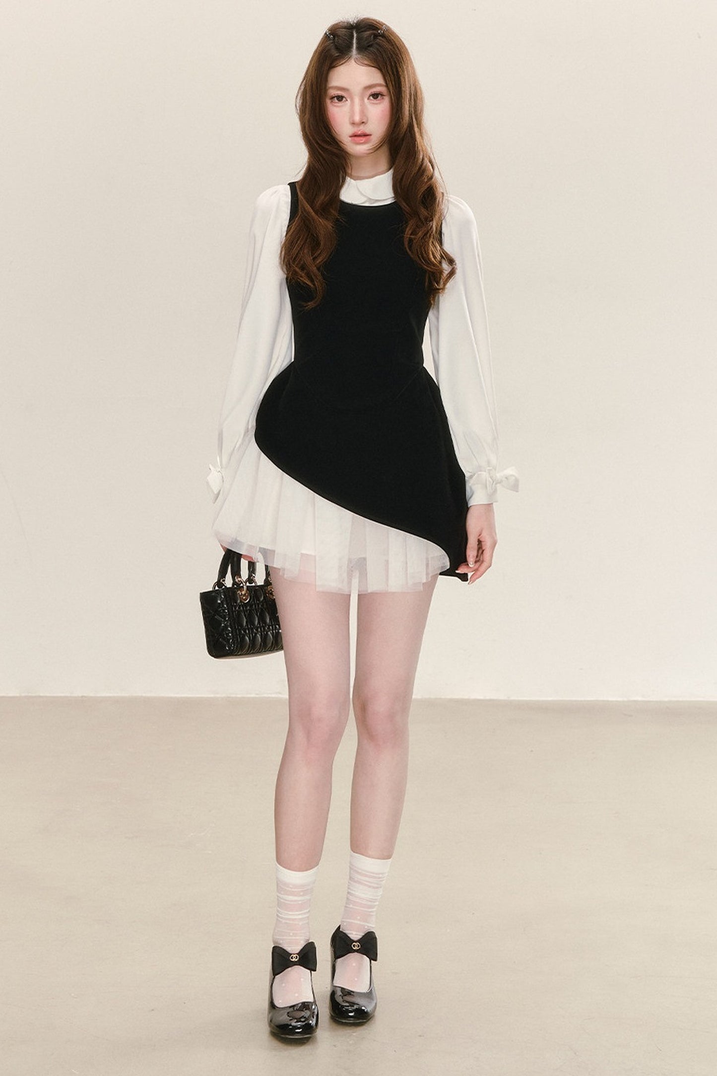 Black Velvet Mesh Overlay Dress and White Shirt Set