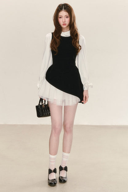 Black Velvet Mesh Overlay Dress and White Shirt Set