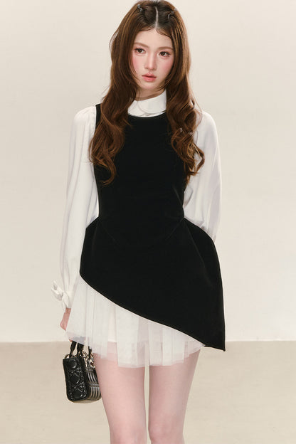 Black Velvet Mesh Overlay Dress and White Shirt Set