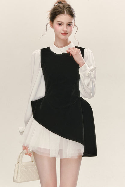 Black Velvet Mesh Overlay Dress and White Shirt Set
