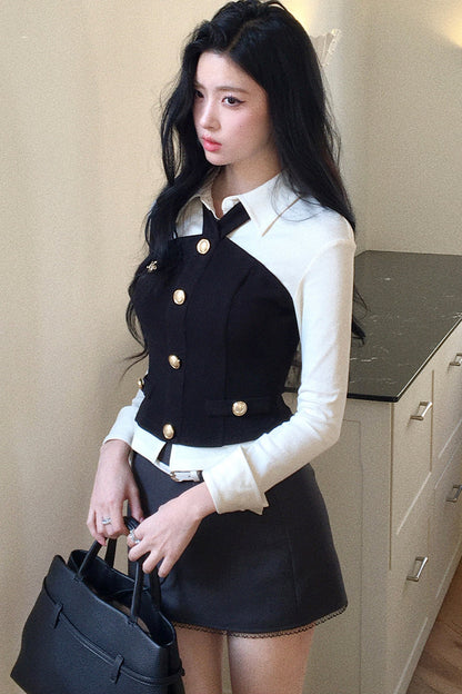 Top elegante nero e bianco a blocchi di colore