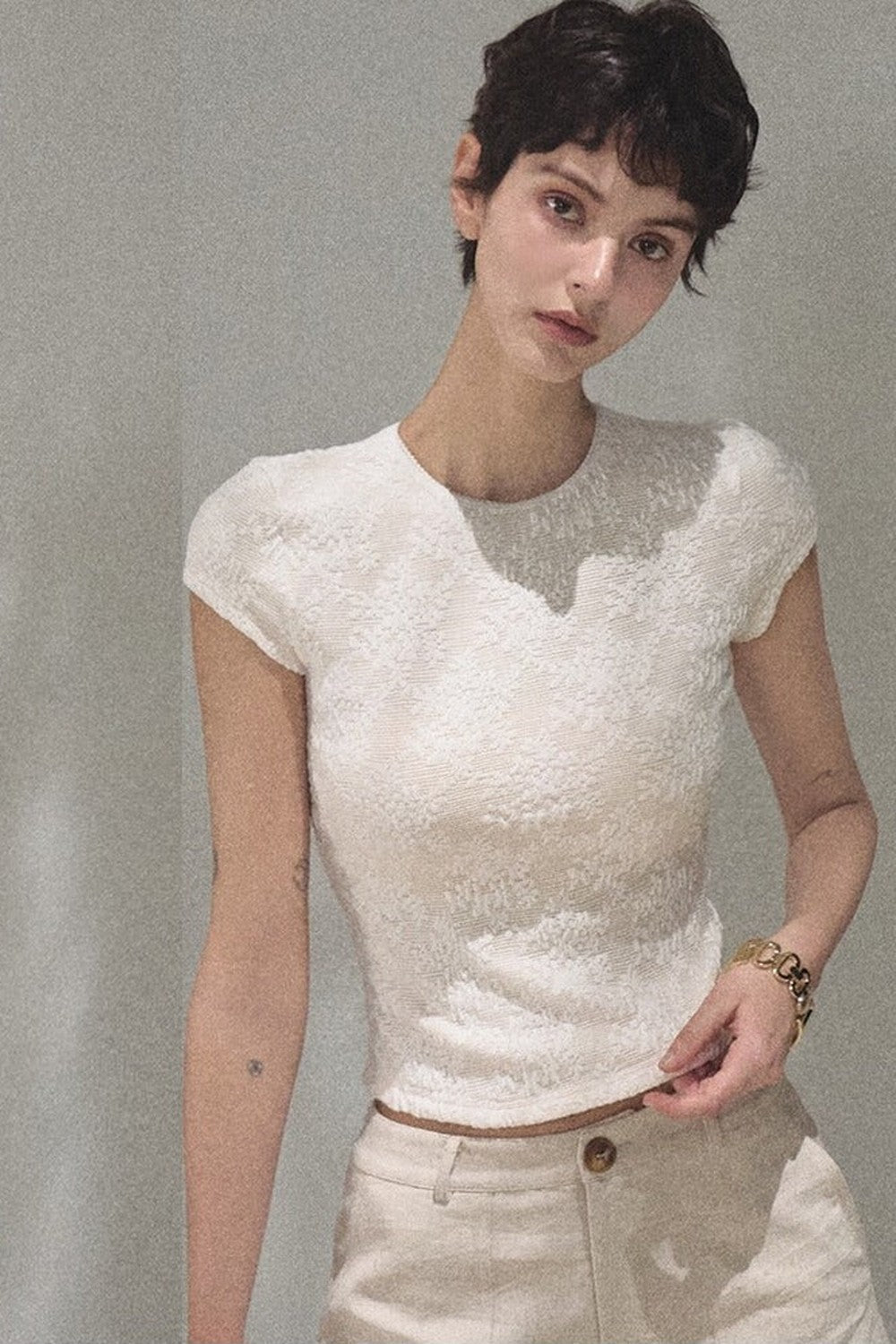 Lace Splice Short Sleeve Top