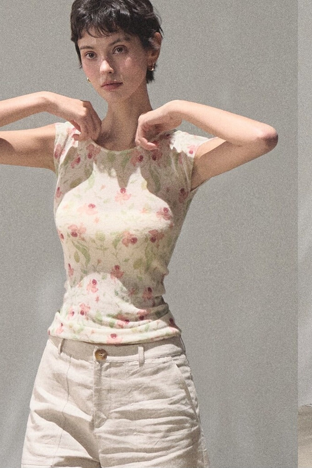 Linen Floral Cinched Top