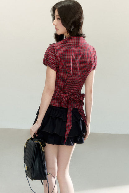 Plaid Waist-Cinching Short-Sleeved Shirt