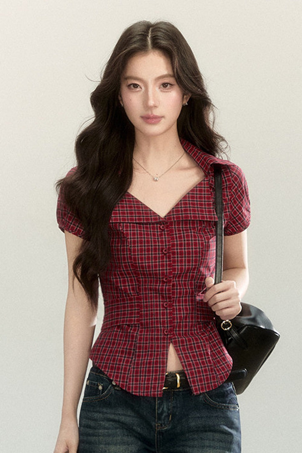 Plaid Waist-Cinching Short-Sleeved Shirt